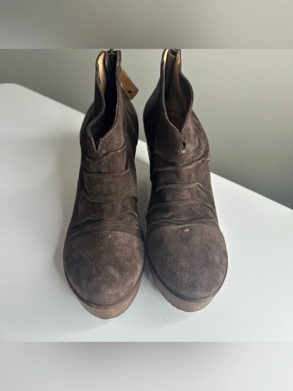 Trask Chocolate Brown Suede Leather‎ Ruched Wooden Block Heel Boho Ankle Booties